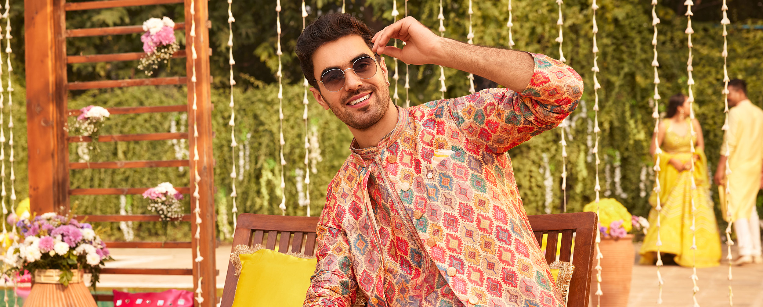 Man wearing elegant kurta pajama with jacket for sangeet ceremony Man wearing elegant kurta pajama with jacket for sangeet ceremony