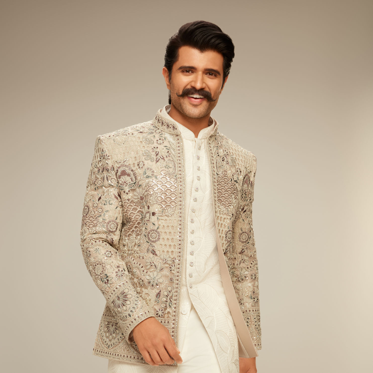 Buy Vijay's Light Grey & White Net Indo Western Set with Floral Embroidery for Men Online