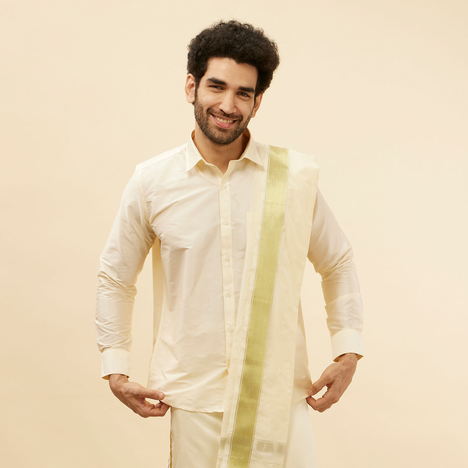 Buy Ivory Cream Detailed Traditional South Indian Shirt and Veshti Set