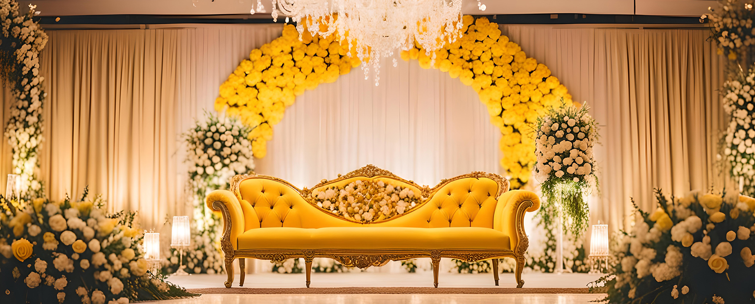 Luxurious wedding stage setup with a golden-yellow vintage sofa, floral arch of yellow and white roses, and chandelier lighting in an indoor venue Luxurious wedding stage setup with a golden-yellow vintage sofa, floral arch of yellow and white roses, and chandelier lighting in an indoor venue