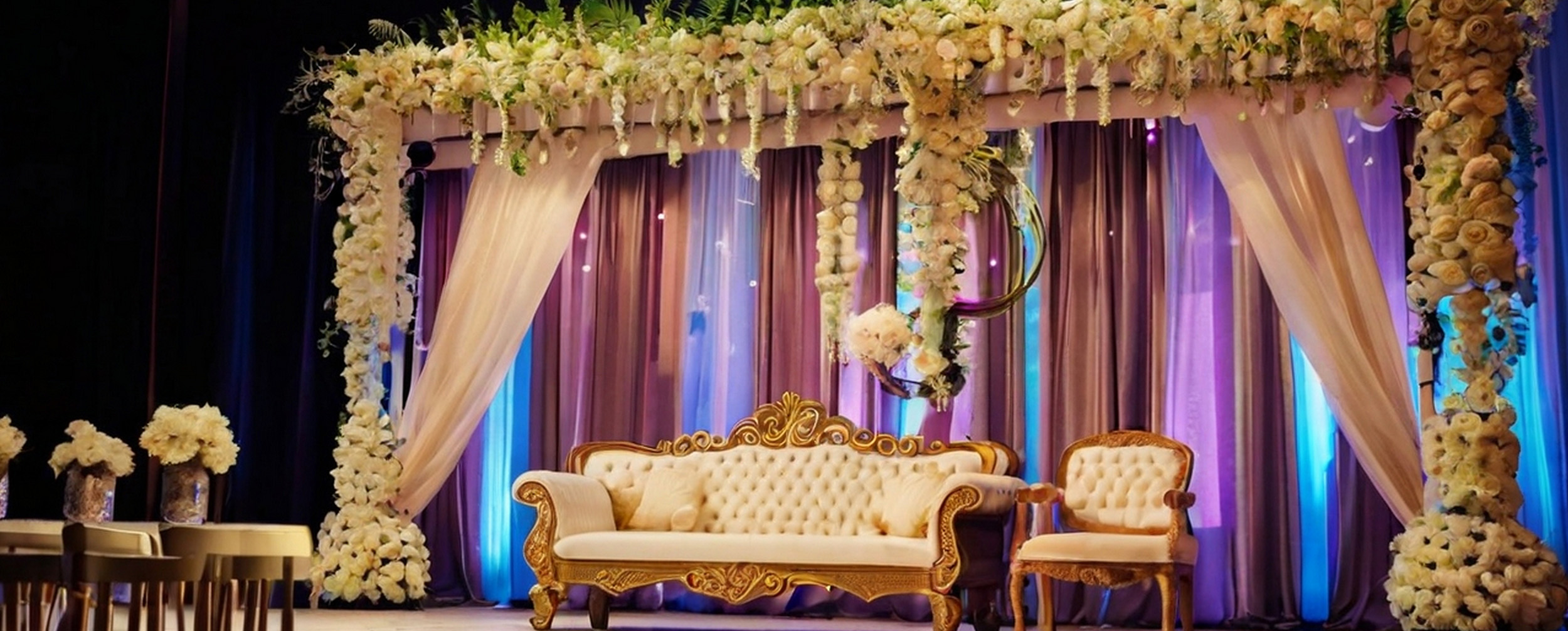 Elegant wedding stage decorated with cream and gold tufted sofa, matching chair, cascading white floral arrangements, and sheer drapes with purple and blue lighting backdrop Elegant wedding stage decorated with cream and gold tufted sofa, matching chair, cascading white floral arrangements, and sheer drapes with purple and blue lighting backdrop