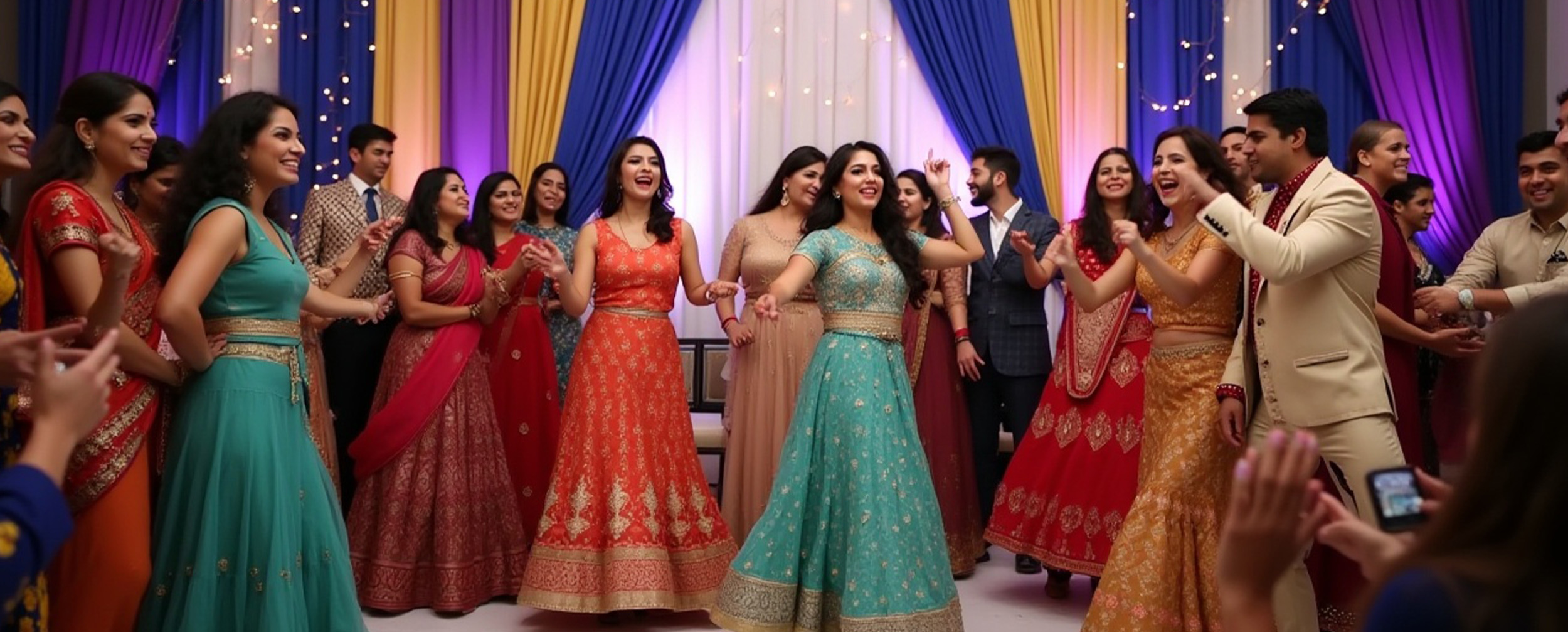 Guests dancing and celebrating joyfully at an Indian wedding sangeet ceremony. Guests dancing and celebrating joyfully at an Indian wedding sangeet ceremony.