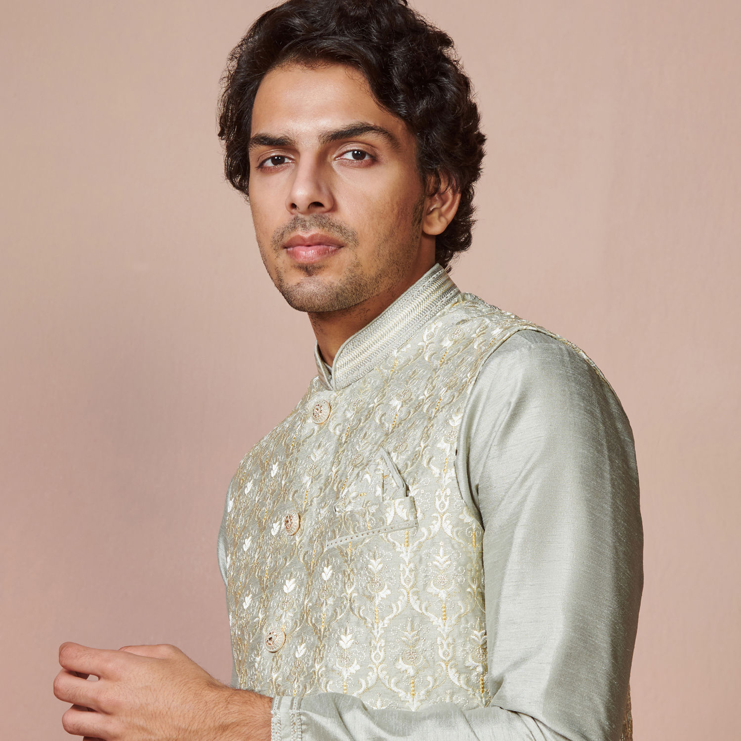 Men Grey Self Design Kurta Only
