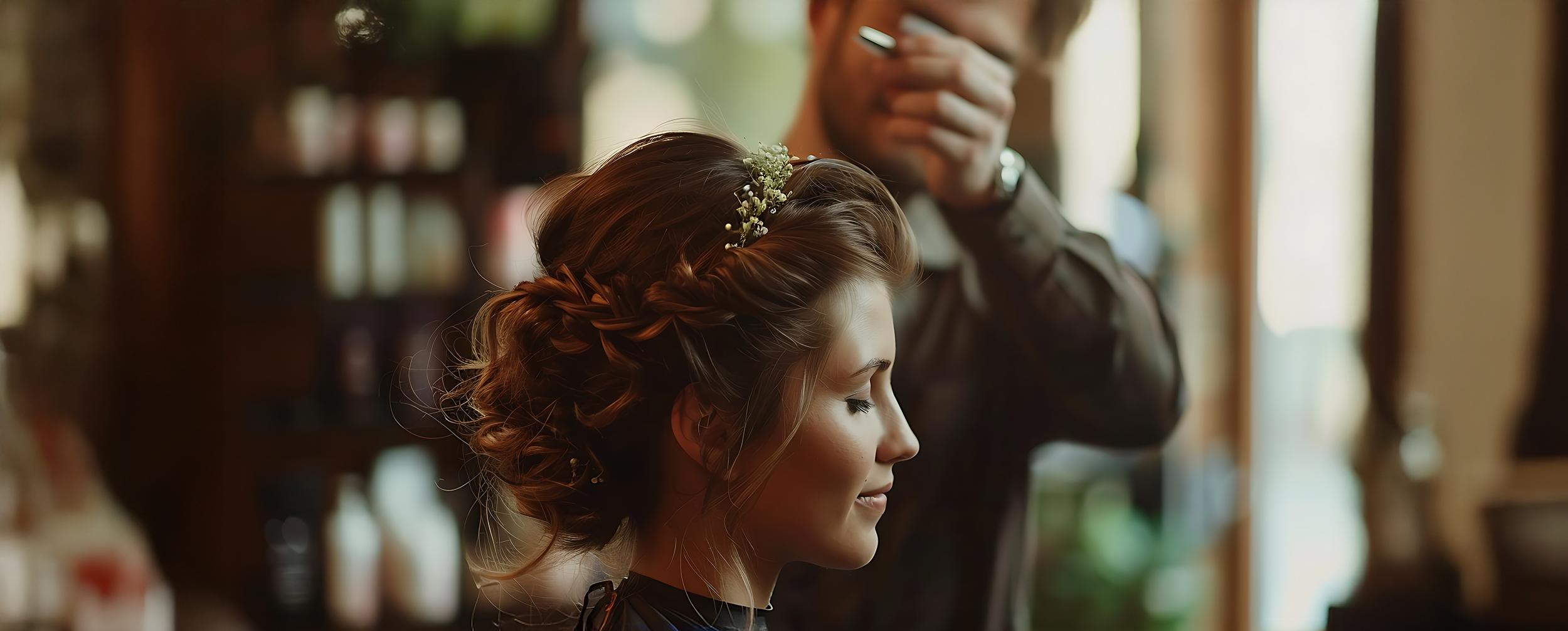 Bride with an intricate braided bun adorned with delicate floral hair accessories, getting her bridal hairstyle perfected — Gujarati bridal hairstyle inspiration with mogra and pearl embellishments Bride with an intricate braided bun adorned with delicate floral hair accessories, getting her bridal hairstyle perfected — Gujarati bridal hairstyle inspiration with mogra and pearl embellishments
