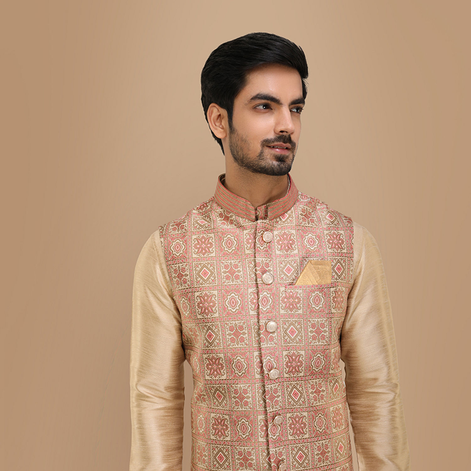 Buy Block Print Jacket With Beige Kurta Set Online in the UK Manyavar