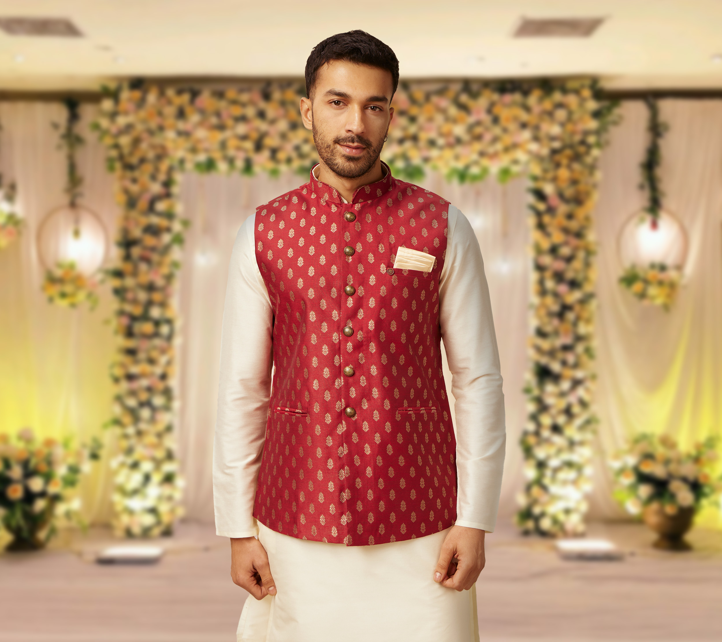 How to Style a Beige Kurta with a Maroon Jacket for a Wedding