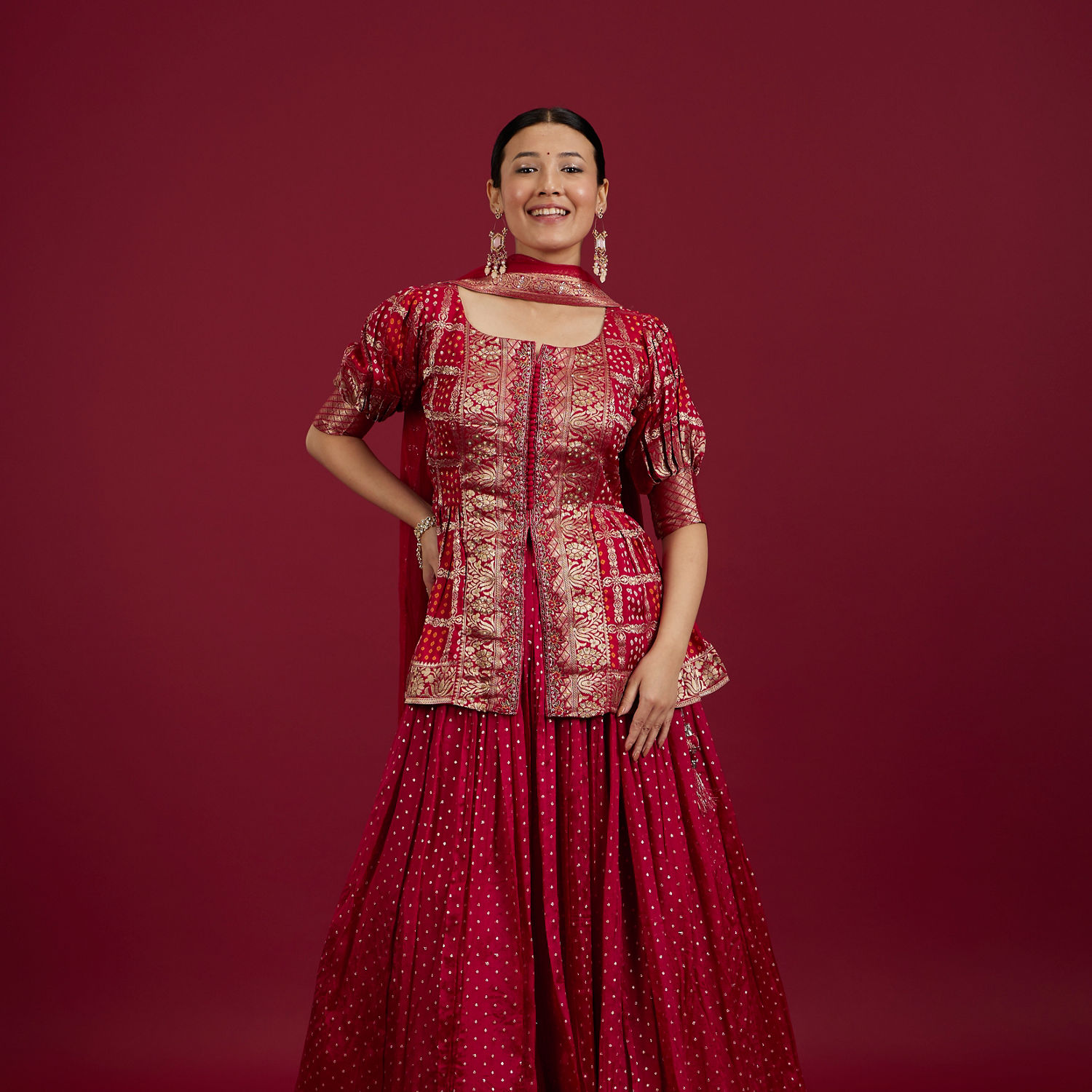 Buy Rani Pink Bandhani Print Crop Top Lehenga with Floral Borders ...