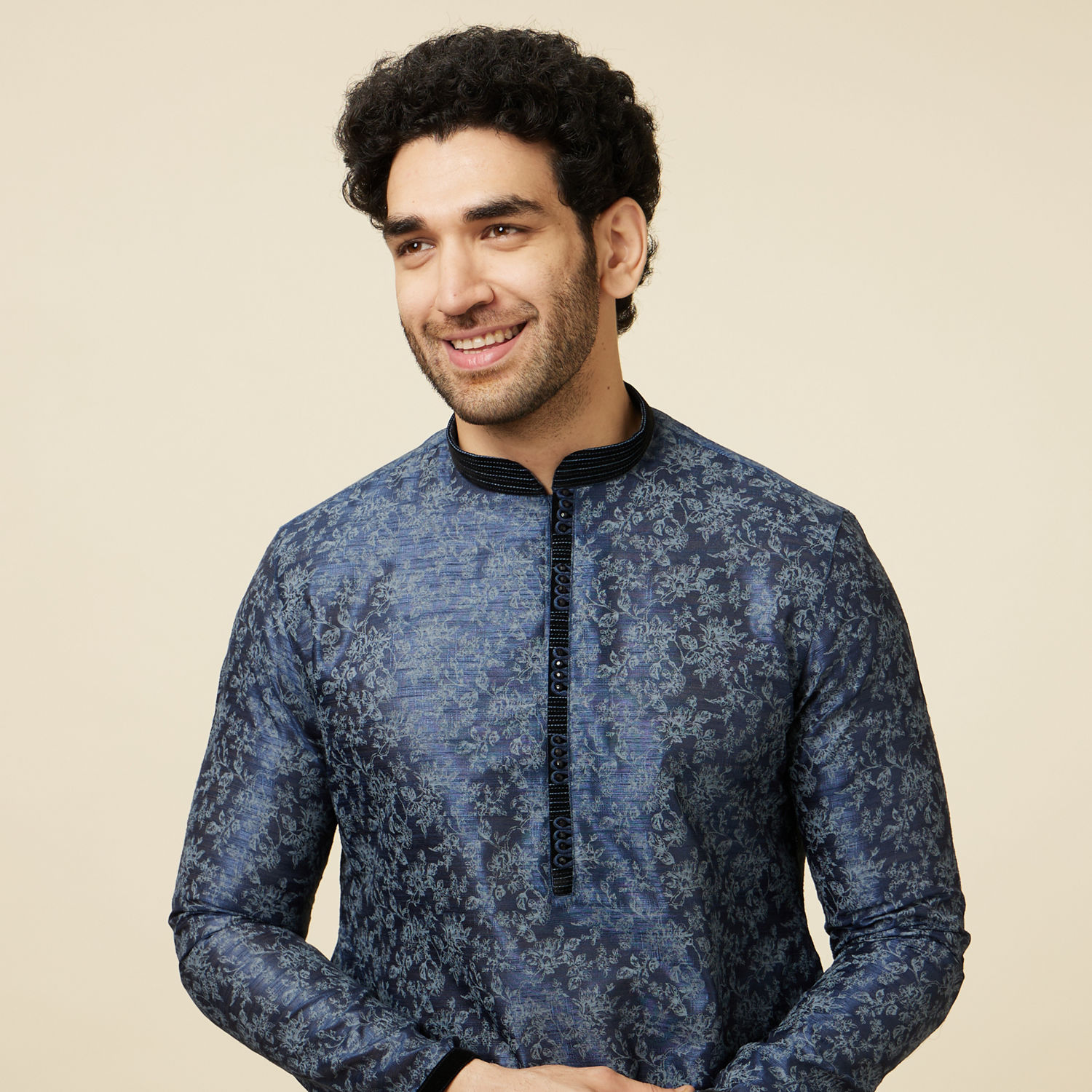 Buy Blue Foil Print Kurta Set Online in India Manyavar Kurta Pajama