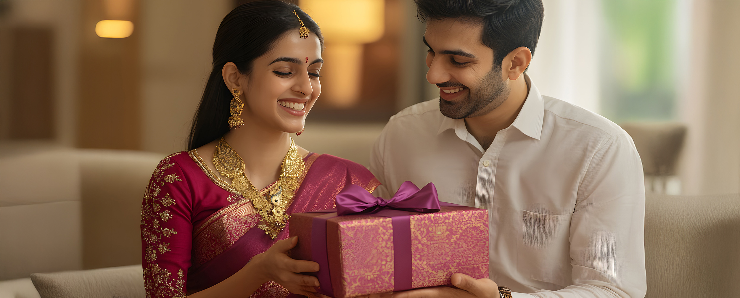 Bride in a pink sari and groom in a white shirt receiving a wrapped wedding gift from a guest