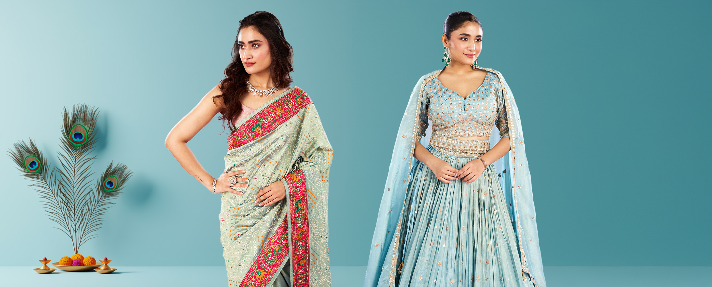 Women dressed in elegant pastel saree and lehenga with intricate embroidery, celebrating Janmashtami with traditional festive decor including peacock feathers and Krishna idol. Women dressed in elegant pastel saree and lehenga with intricate embroidery, celebrating Janmashtami with traditional festive decor including peacock feathers and Krishna idol.