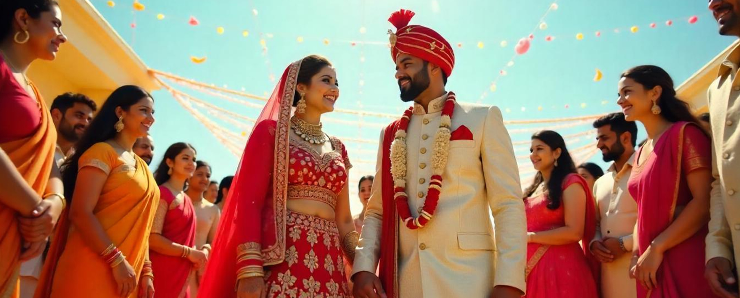 Bride and groom holding hands, wearing traditional wedding outfit with varmala on neck. Bride and groom holding hands, wearing traditional wedding outfit with varmala on neck.