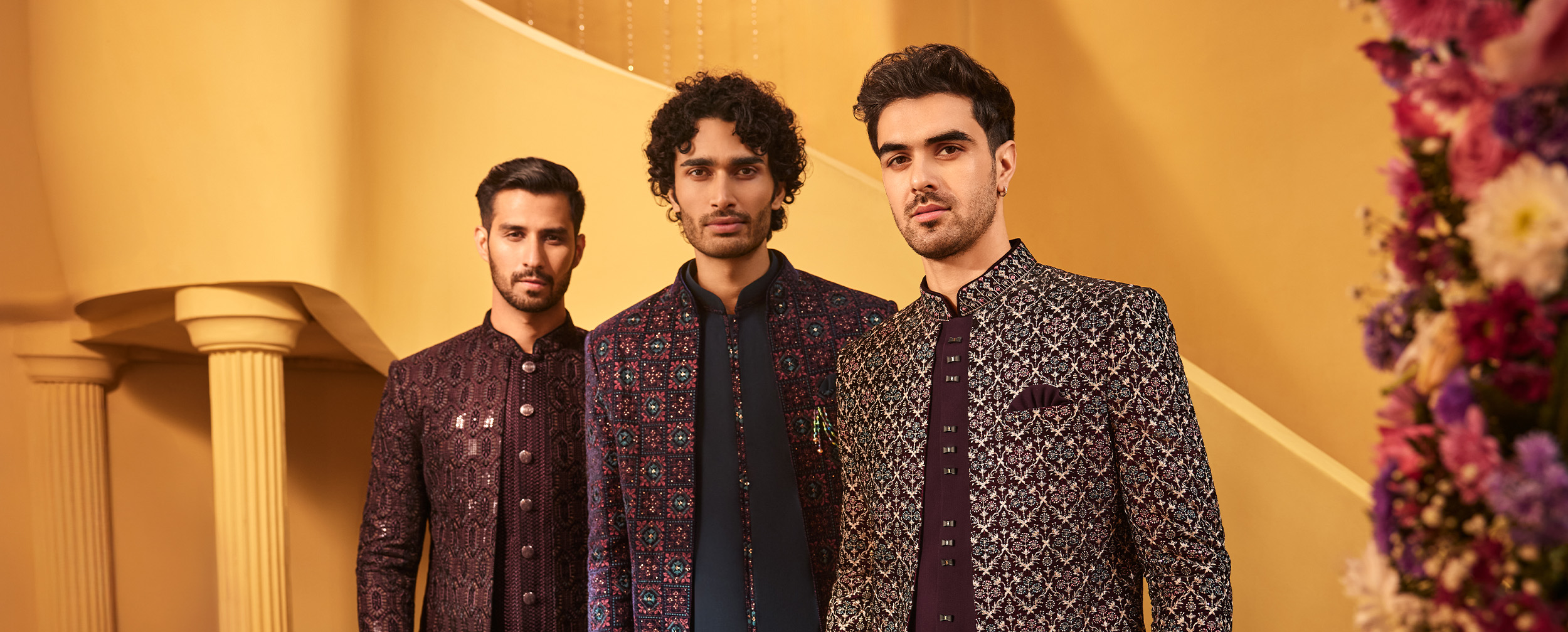 Men wearing indo western sherwanis with a unique hair style for wedding Men wearing indo western sherwanis with a unique hair style for wedding