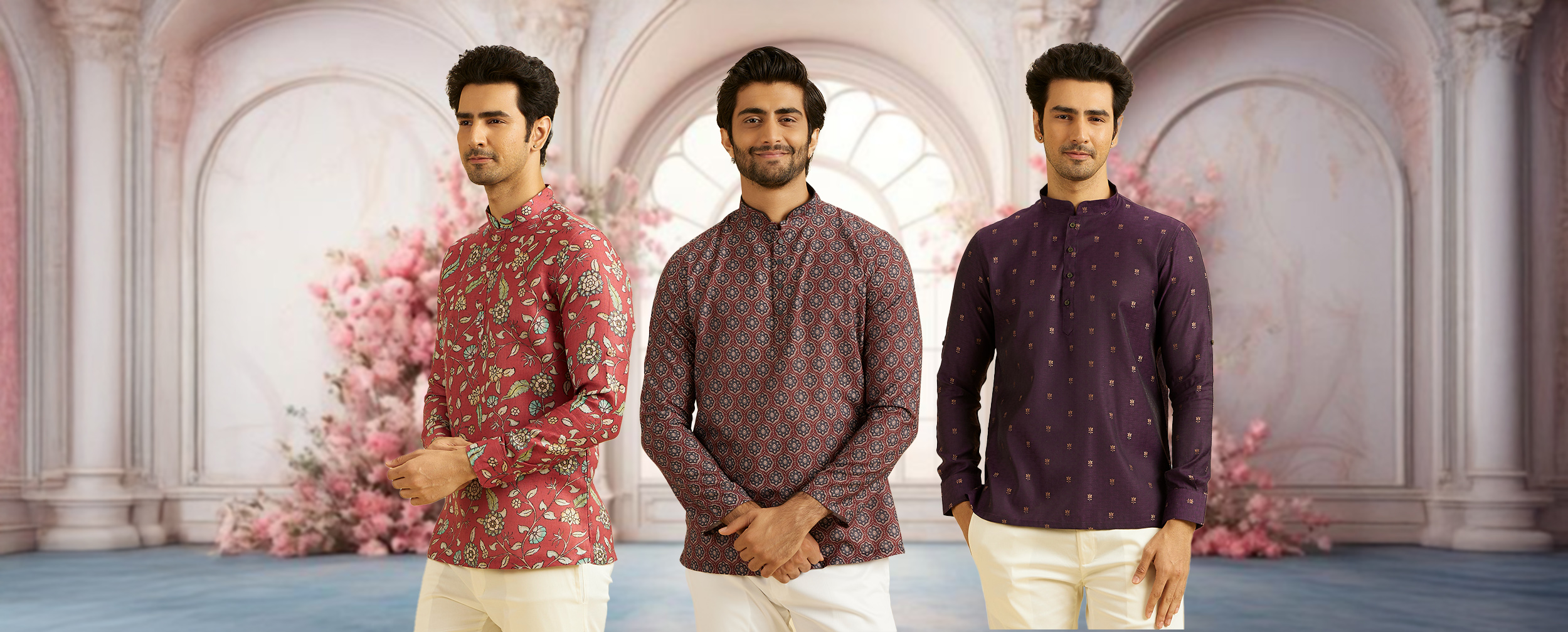 Men wearing stylish colourfull kurtas and pant set for a pre-wedding function Men wearing stylish colourfull kurtas and pant set for a pre-wedding function