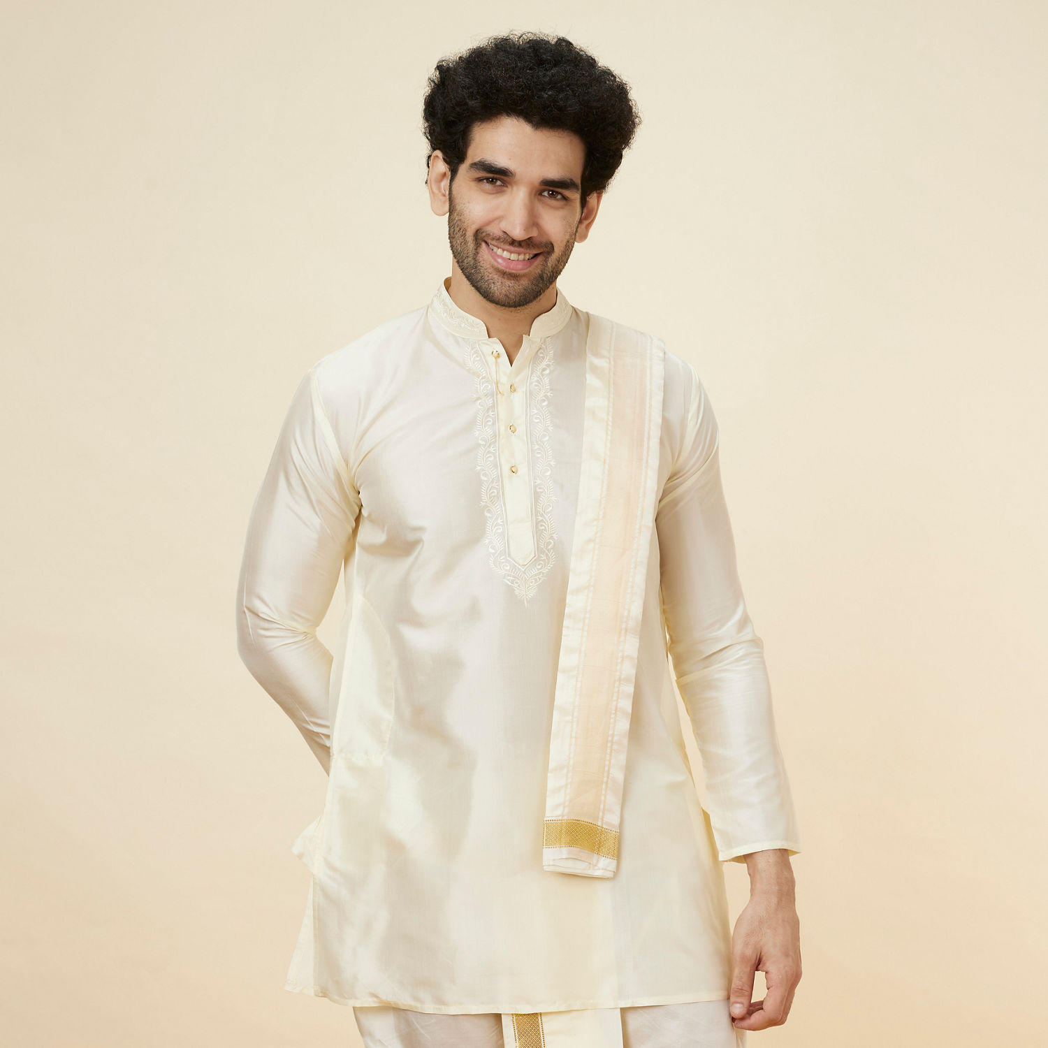 Buy Ivory White Traditional South Indian Kurta Pancha Set Online in