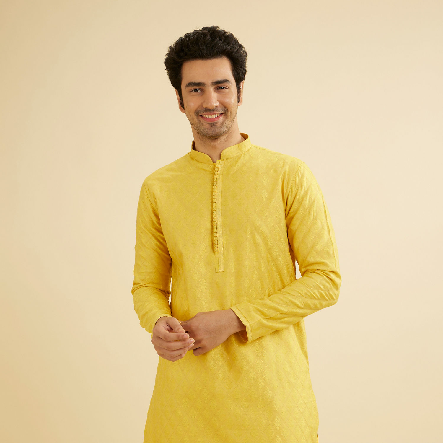 Buy Canary Yellow Self Design Kurta Pajama Online in India @Manyavar