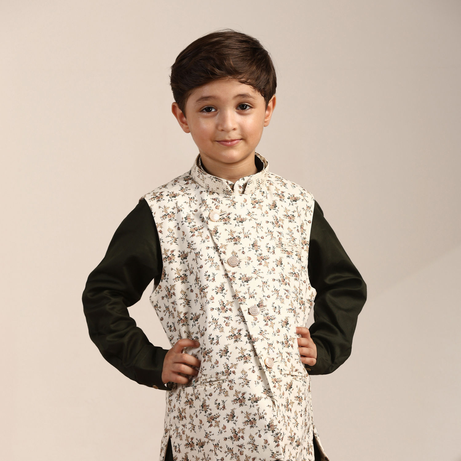 Campana Boys Mahiya Dhoti Kurta with Jacket Set - Block Print & Chevron - Ink Blue & Sea Green