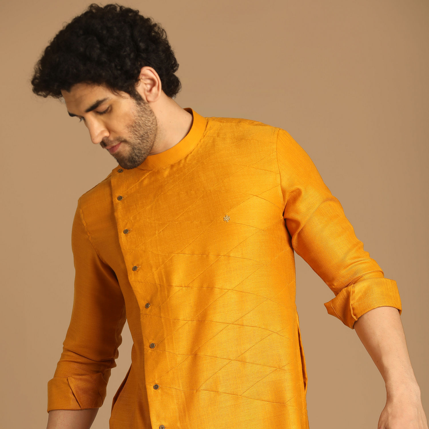 Kurta for Men Buy Mustard Yellow Side Open Asymmetric Kurta Online