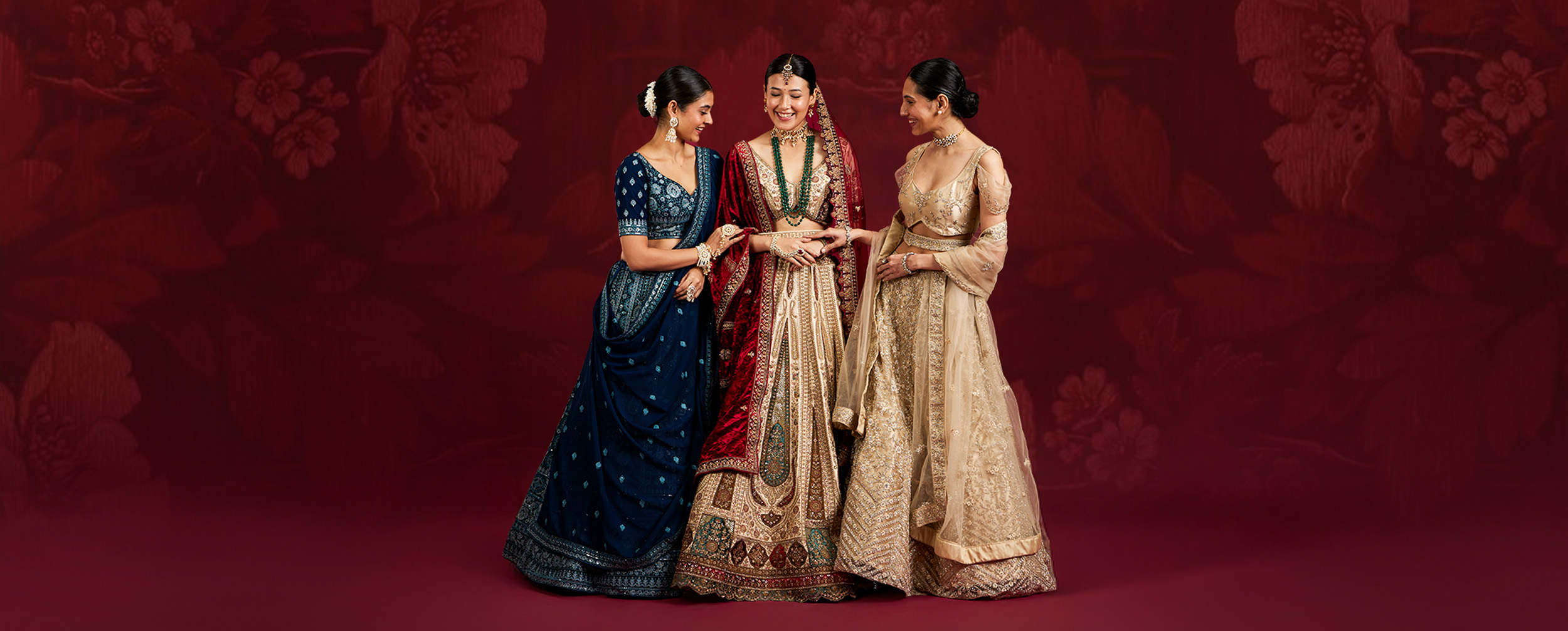 Bride and bridesmaid wearing modern fashionable lehengas. Bride and bridesmaid wearing modern fashionable lehengas.