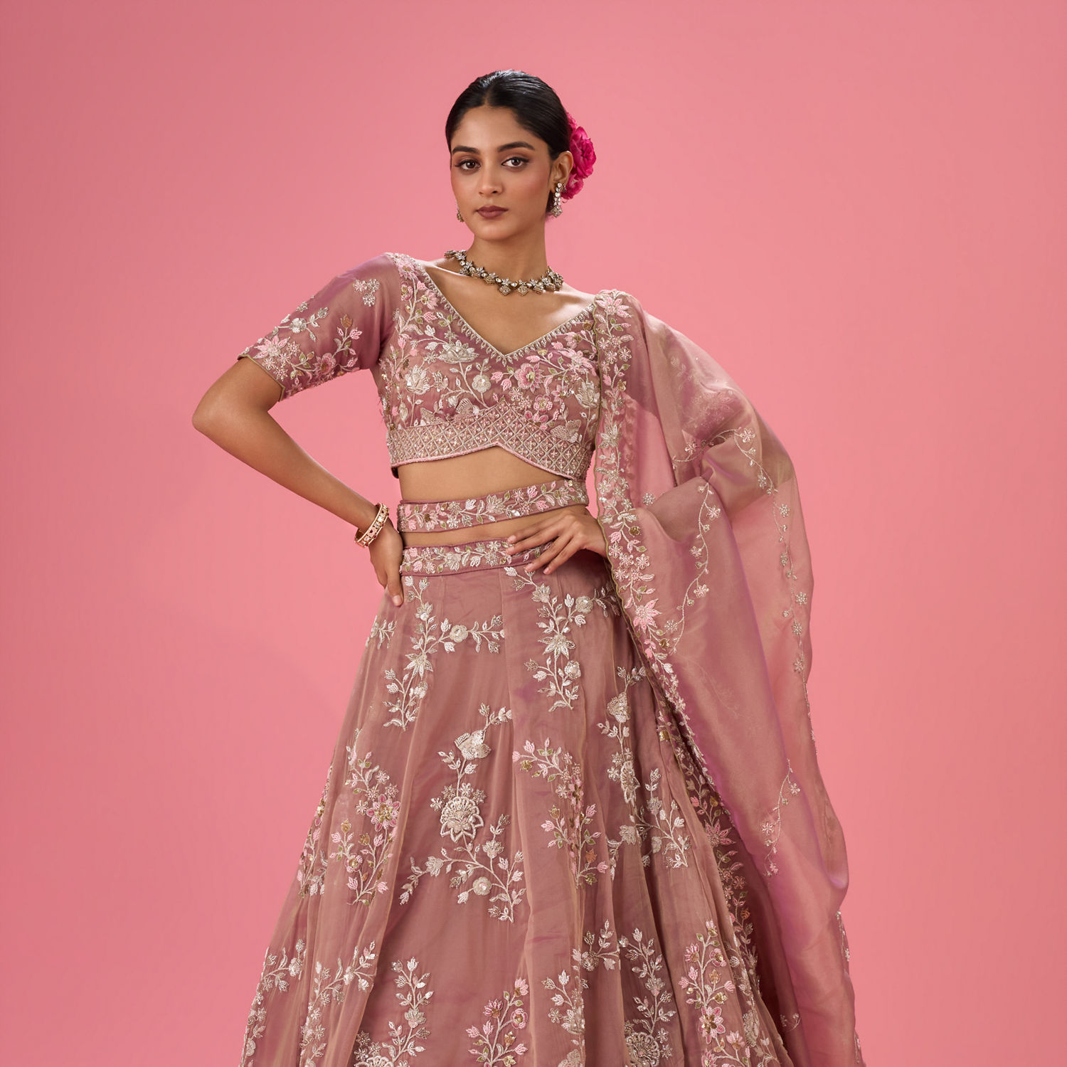 open lace back dress Light Beige Organza Lehenga Set