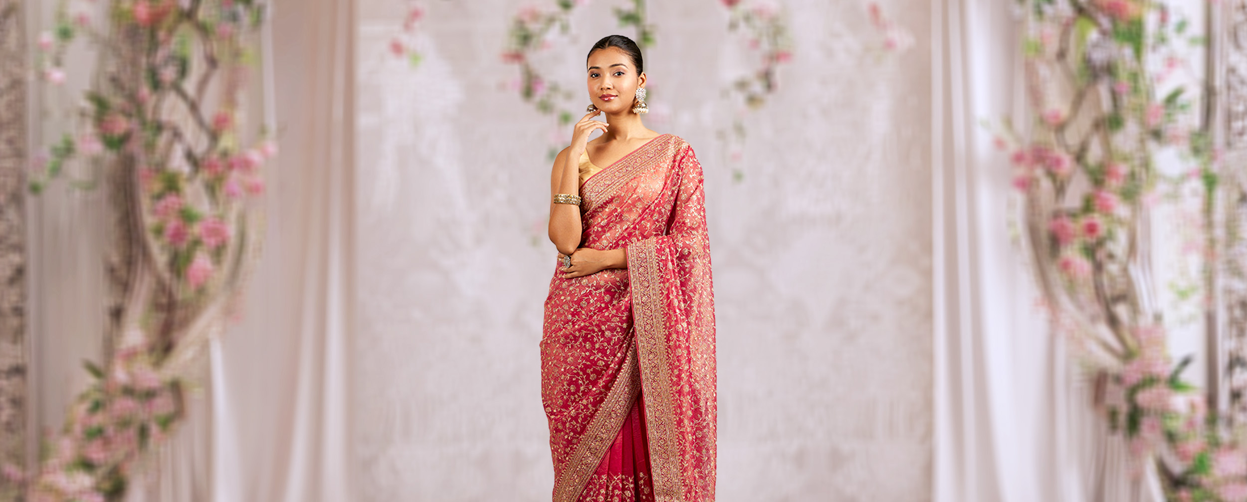 Light pink printed saree worn casually for elegant Indian fashion vibe Light pink printed saree worn casually for elegant Indian fashion vibe