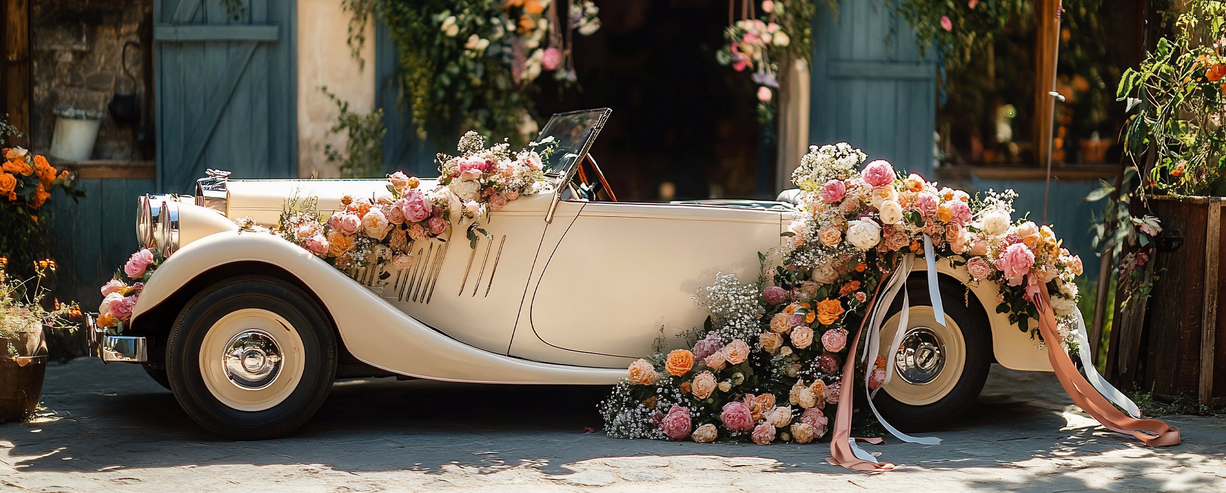 Beautifull white wedding car decorated with beautifull flowers